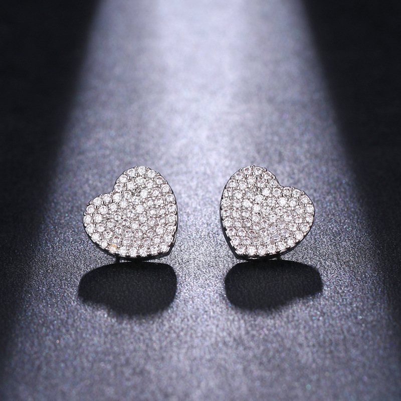 跨境欧美新款几何时尚OL微镶锆石爱心形满钻小巧铜镀金耳钉女批发
