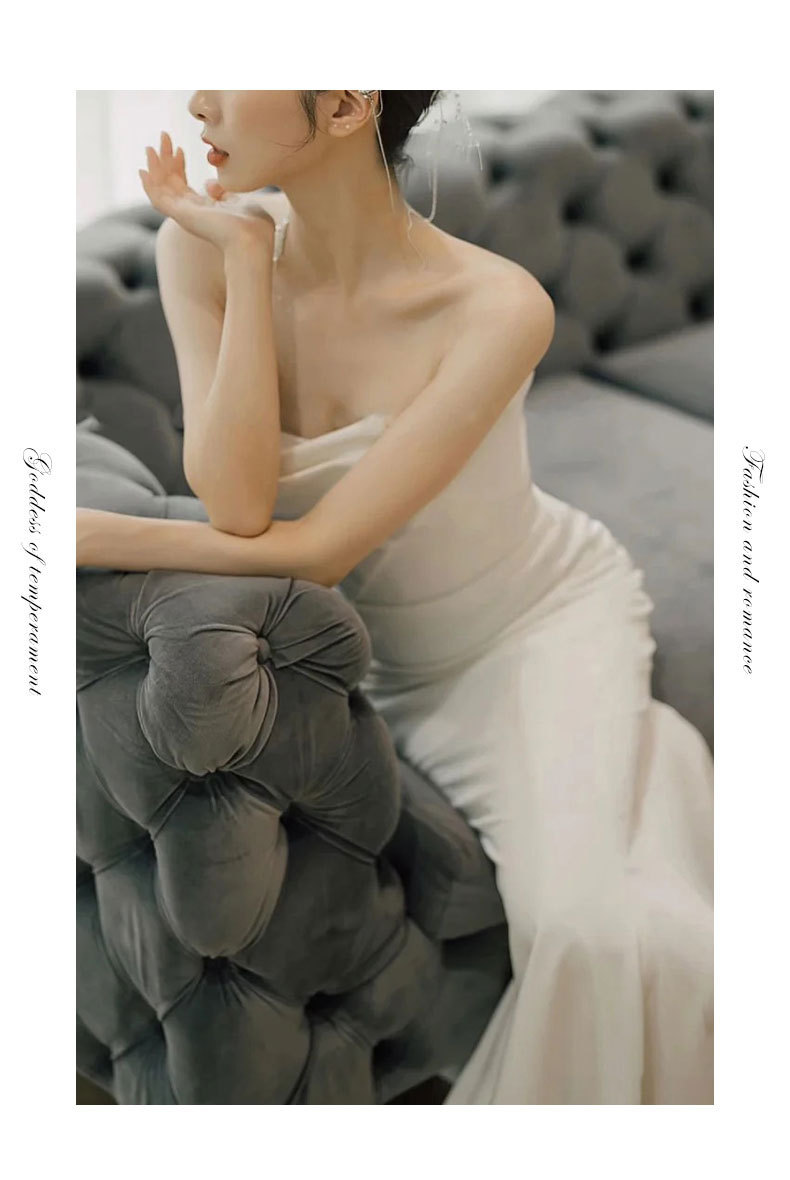 Mermaid Style Light Wedding Dress Satin Strapless Bridal Gown With Short Train Elegant Forest Style Slimming Evening Gown_ecoleips.com