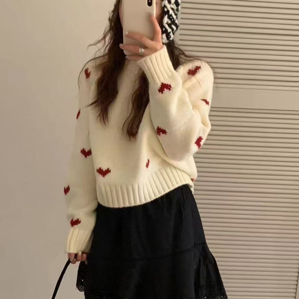韩版提花爱心小个子毛衣女外套宽松秋冬新款慵懒风圆领套头上衣潮