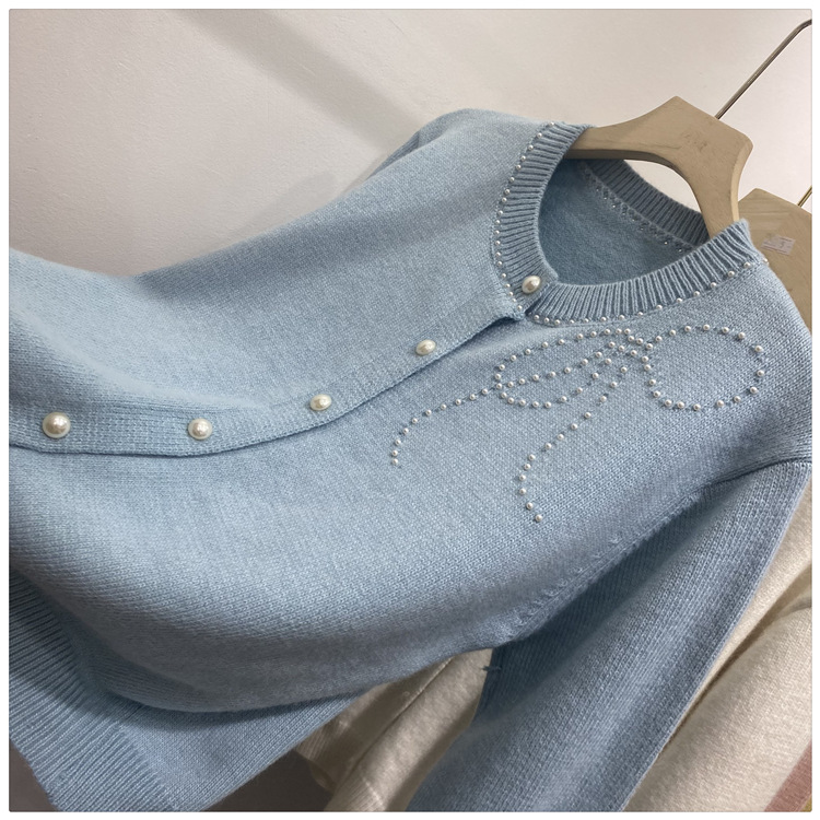 Women's Clothing Chic Embellished Bow Knit Cardigan For Women - Autumn Casual Long Sleeve Open Front Sweater (Blue, Yellow, Gray, Beige, Pink)​_voghion.com