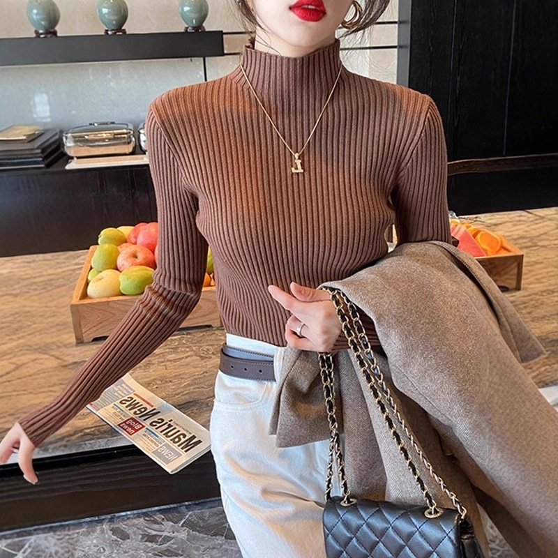 半高领竖条纹毛衣打底衫女春秋长袖上衣感气质内搭针织衫