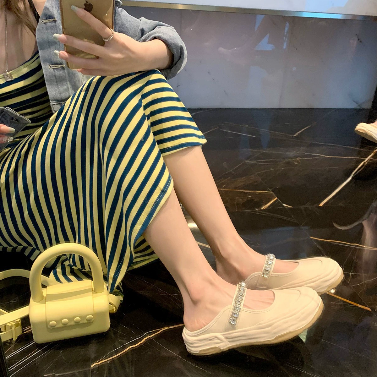 Виноград мама Studiolee горный хрусталь ремешок на липучке большой круглый носок Мелкий рот Мэри Джейн Половина Тапочки парусиновая обувь для женщин