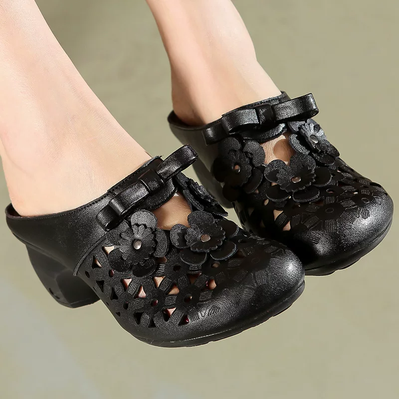Плитная одежная обувь Pinfei Liren с цветочным резным рисунком и бантом – handcrafted Mule в красном/чёрном, размеры 35–40