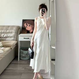 小个子白色无袖背心连衣裙女2025春季新款简约不规则毛边收腰长裙