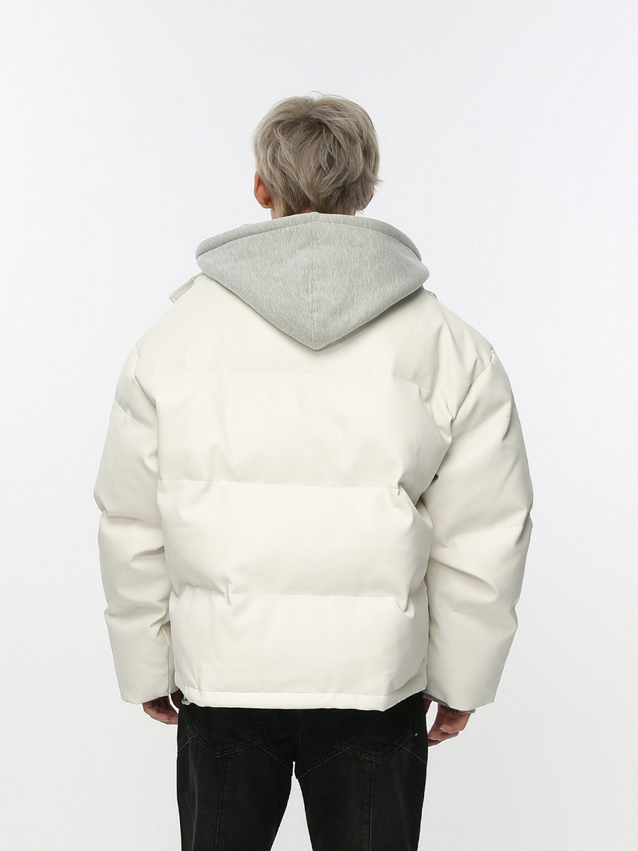 MTLClothes ropa de Hombre | 2023 invierno nuevo estilo coreano suelto falso de dos piezas con capucha de cuero de la PU engrosada abrigo de algodón acolchado para hombres