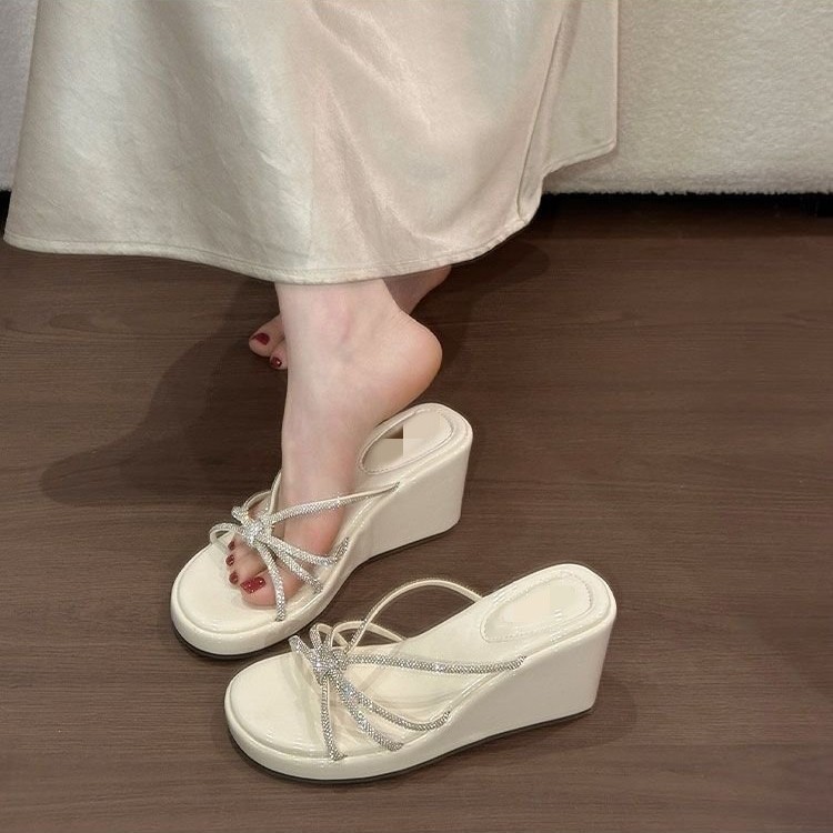 06 nuevo verano 7cm de altura de fondo con falda de diamante zapatillas para mujeres