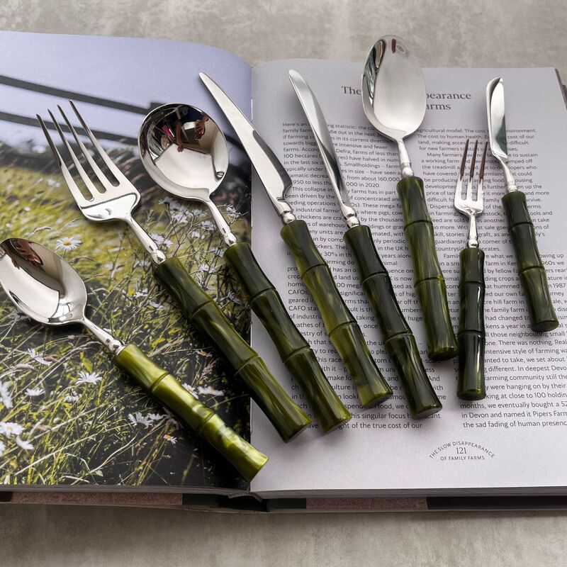 304 Stainless Steel Italian Designer Ins Accessible Luxury Retro Pearlescent Bamboo Handle Imitation Jade Western Food Knife, Fork and Spoon Set