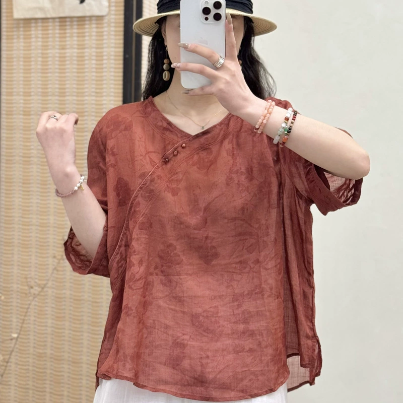 Летний новый ретро кардиган с принтом чистый рами рубашка женский художественный досуг свободная тонкая пятитентная рубашка с рукавами
