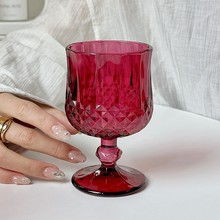 ins复古玫红色钻石高脚杯干邑杯氛围感高端精致杯子浮雕玻璃杯