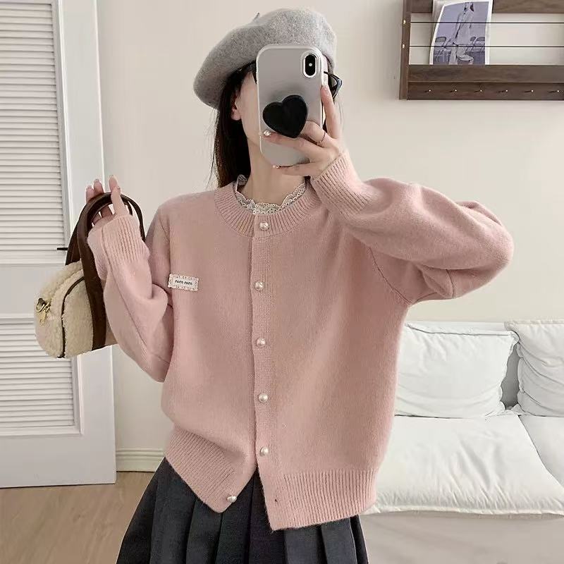 Sweater Jacket Women's Knitwear 2025 Spring and Autumn New Style Petite Lace Round Neck Loose Outerwear Short Cardigan for Women