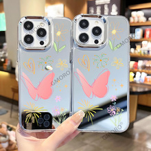 粉蝴蝶适用苹果16pm镜面手机壳IP17补妆镜15仙女14全包手机壳外贸