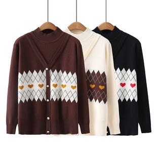 plus size Women's Autumn and Winter New Vintage Jacquard Fake Two-piece Sweater Loose Slimming Mock High Collar Knitted Sweater 31666