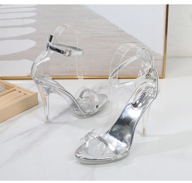 Dép sandal nữ cao gót quai ngang trong suốt đính pha lê, gót nhọn 8–11 cm — Màu bạc, Màu trắng, Màu đen chi tiết 28