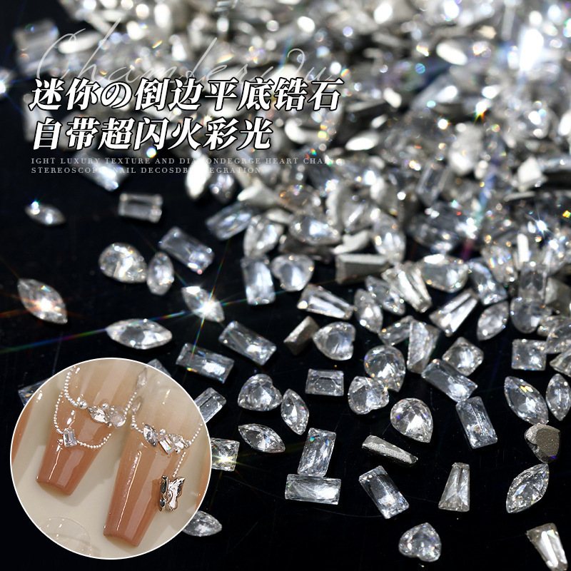 Nail art zircon jewelry through white inverted edge mini flat bottom diamond flash shaped pile drill nail accessories wholesale