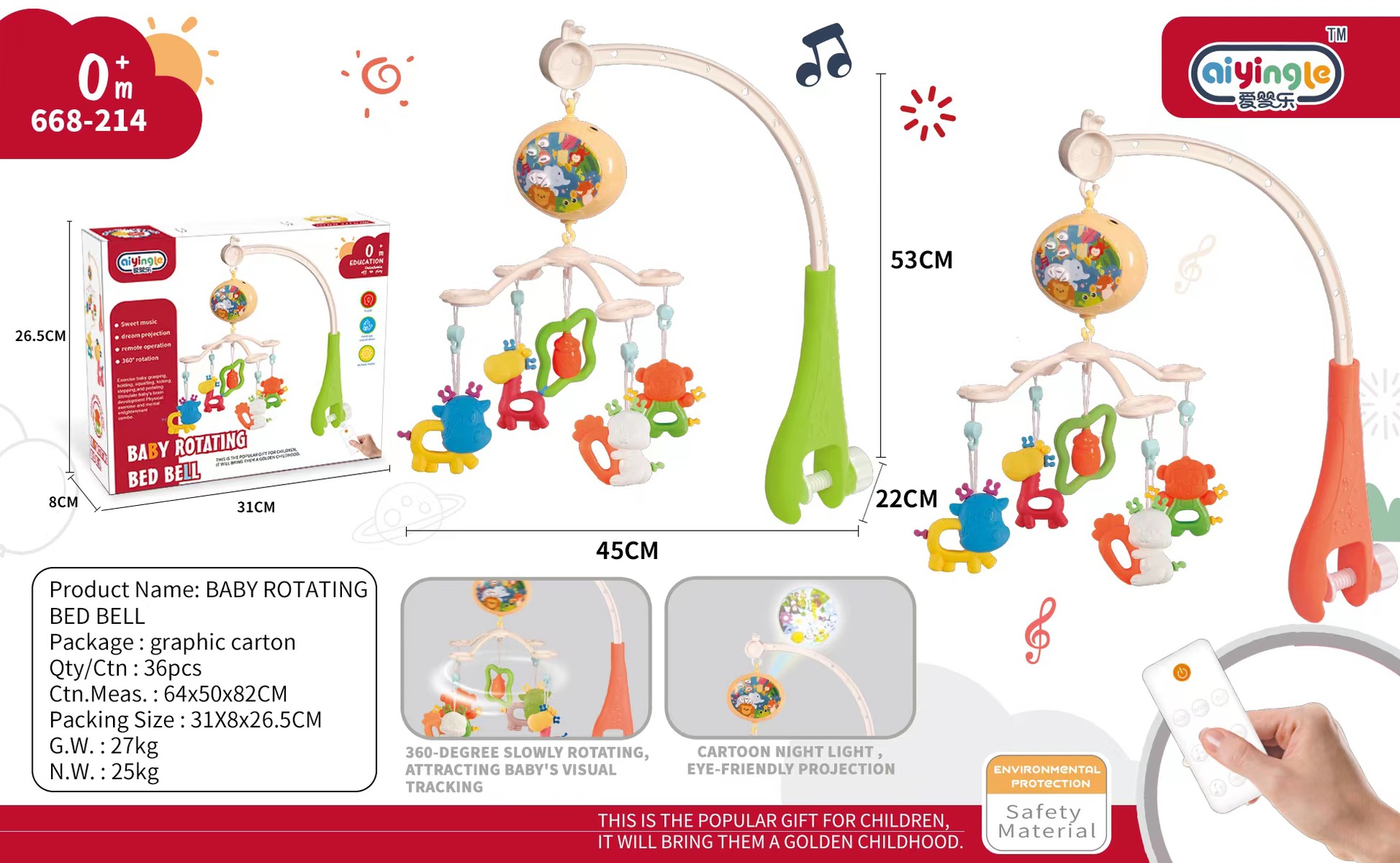 Transfronterizo cama de bebé Campana de noche música giratoria sonajero recién nacido colgante educativo coaxial bebé ardilla calmante juguete