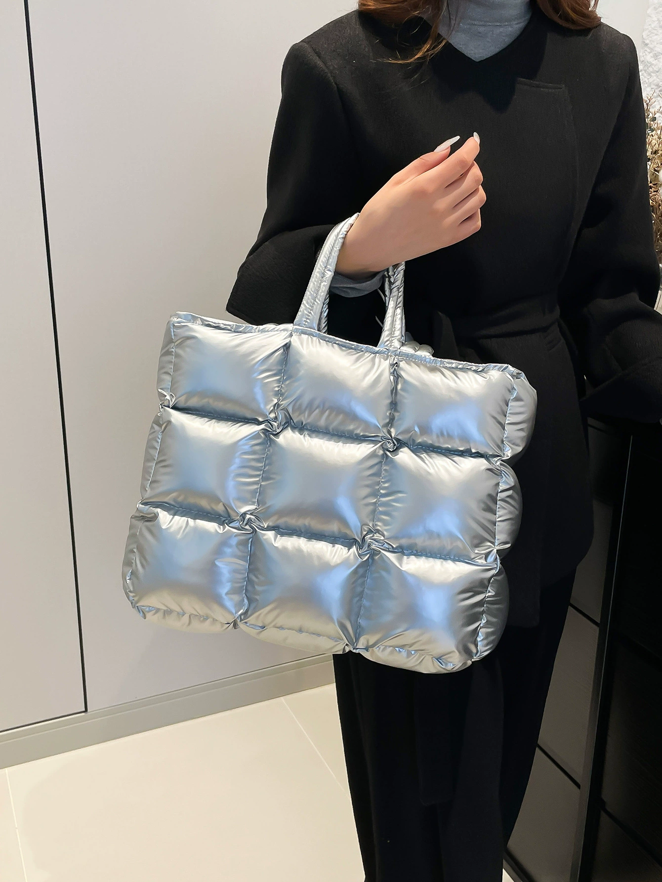 Glossy nylon quilted handheld shoulder bag with down