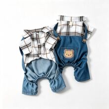 宠物衣服格纹背带裤狗狗服装泰迪约克夏外出防脏可牵引四脚衣通用