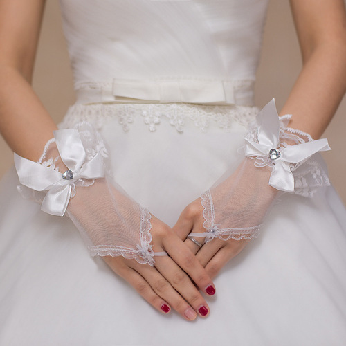 Wedding Accessories Gloves White Lace Bow Fingerless Beaded Finger Gloves Fingerless Bridal Wedding Gloves