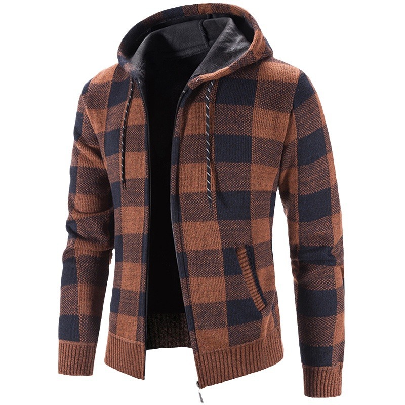 Nuevo cárdigan de hombre para otoño e invierno, suéter tejido grueso con capucha y cremallera, chaqueta a cuadros para hombre.
