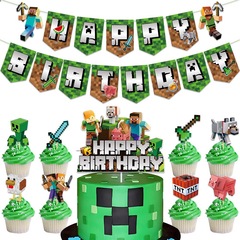 マインクラフト 誕生日パーティー デコレーションセット ピクセルバトル ハッピーバースデー フラッグ ケーキ デザート デコレーション