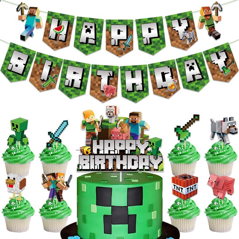 マインクラフト 誕生日パーティー デコレーションセット ピクセルバトル ハッピーバースデー フラッグ ケーキ デザート デコレーション|undefined