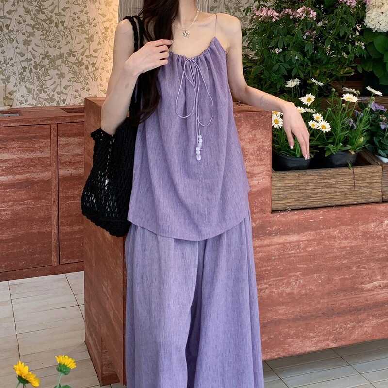 巨好看紫色阔腿裤套装女2025夏季新款法式休闲吊带背心穿搭两件套|undefined