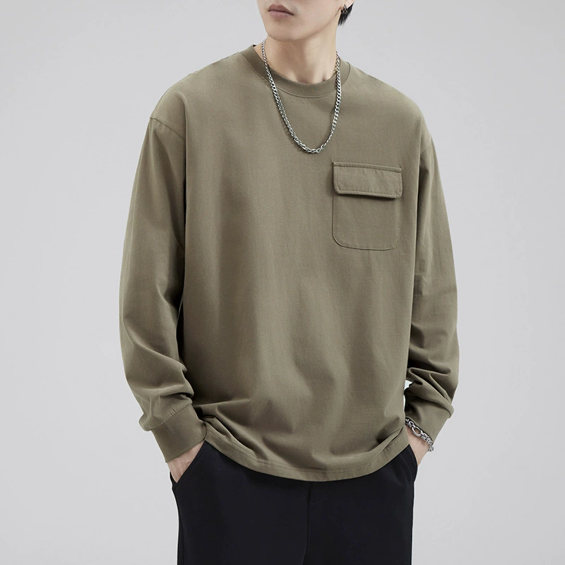 Осенняя Тяжелая винтажная Мужская футболка с длинными рукавами, свободная Модная брендовая Базовая рубашка, чехол в американском стиле, свитер с круглым вырезом и карманами, высококачественный