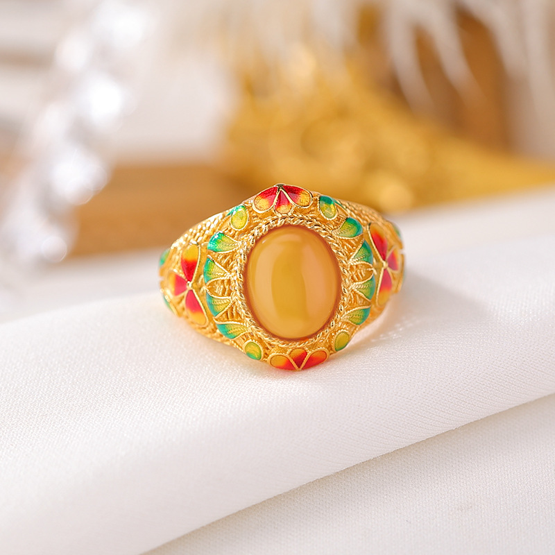 Nhẫn bạc S925 mạ vàng sáp ong phong cách dân tộc retro họa tiết men hoa lá — Bạc 925