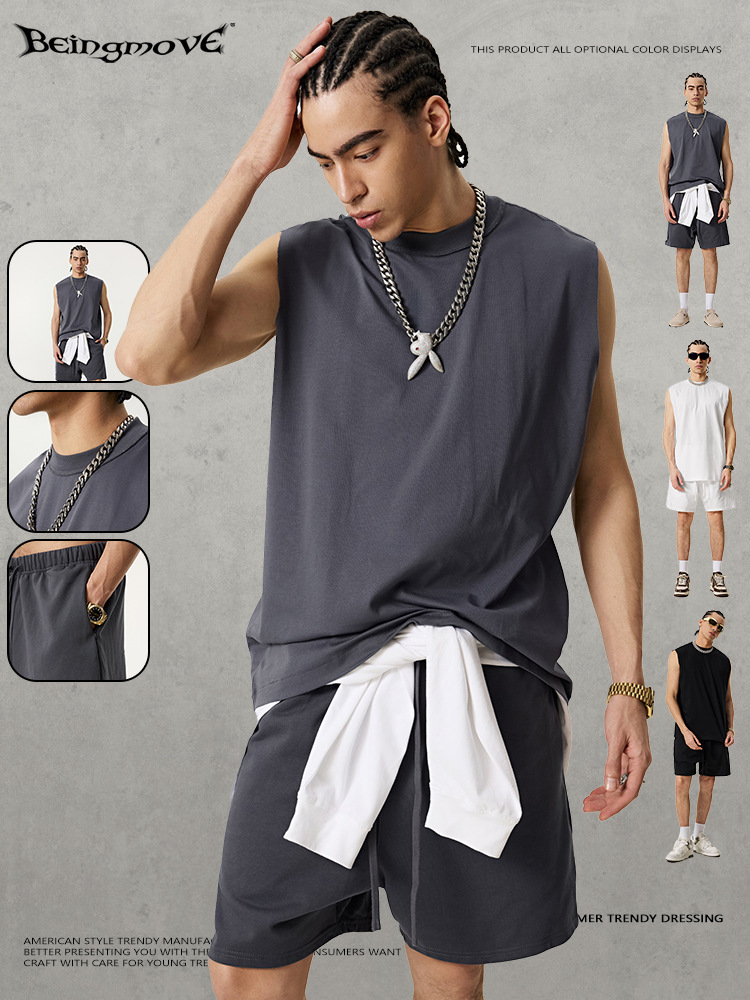 2025 verano marca de moda transfronteriza europea y americana, chaleco rizado con cuello anti-coche, chaleco suelto, pantalones cortos sin mangas, hombres