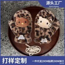 凯蒂猫豹纹手套围脖套装女冬季保暖加绒加厚户外出游防寒冻挂脖潮