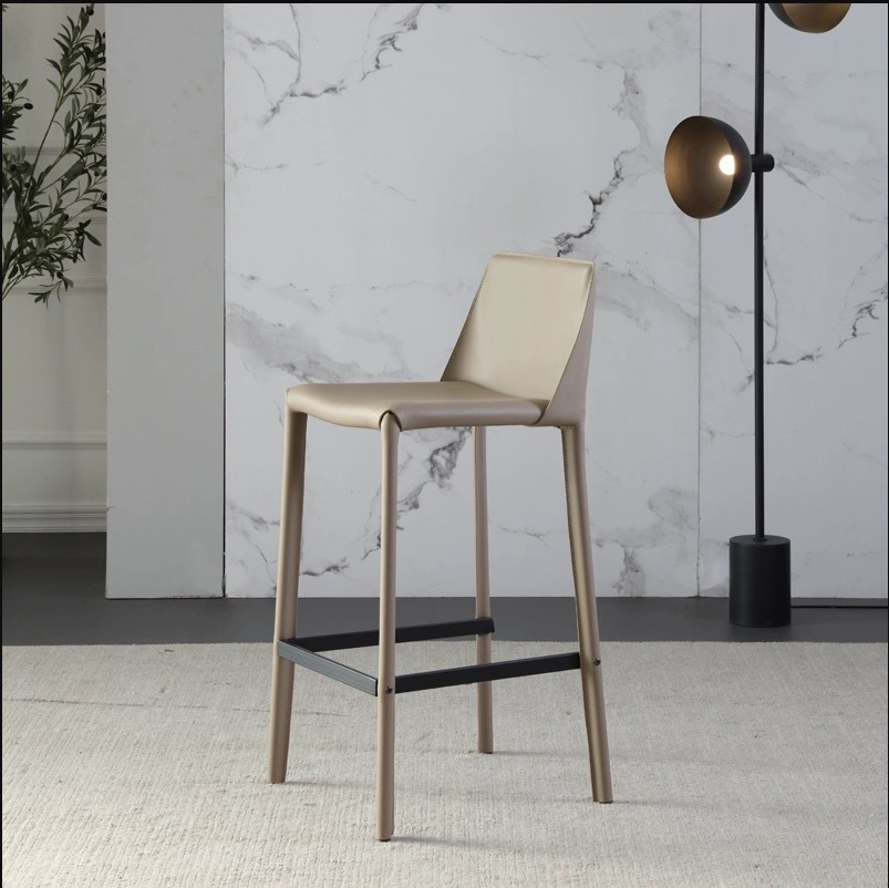 Italian Style Minimalist Bar Chair Saddle Leather Island Table Chair Backrest Bar High Stool Light Luxury Cafe Bar Chair Home