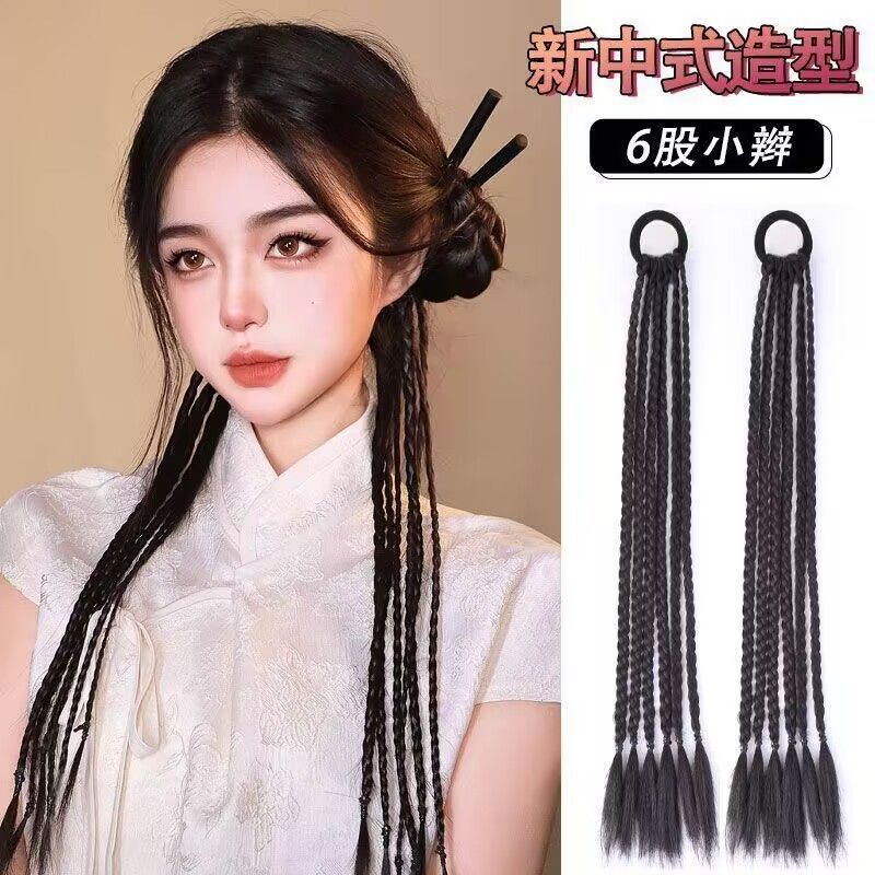 新中式麻花辮子假髮女六股麻花拳擊辮雙馬尾仿真人髮辮子