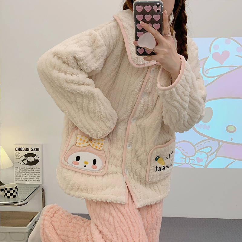 2023 nuevo meildi chica otoño y el invierno de manga larga coral fleece engrosada lindo dibujos animados abrigo franela traje