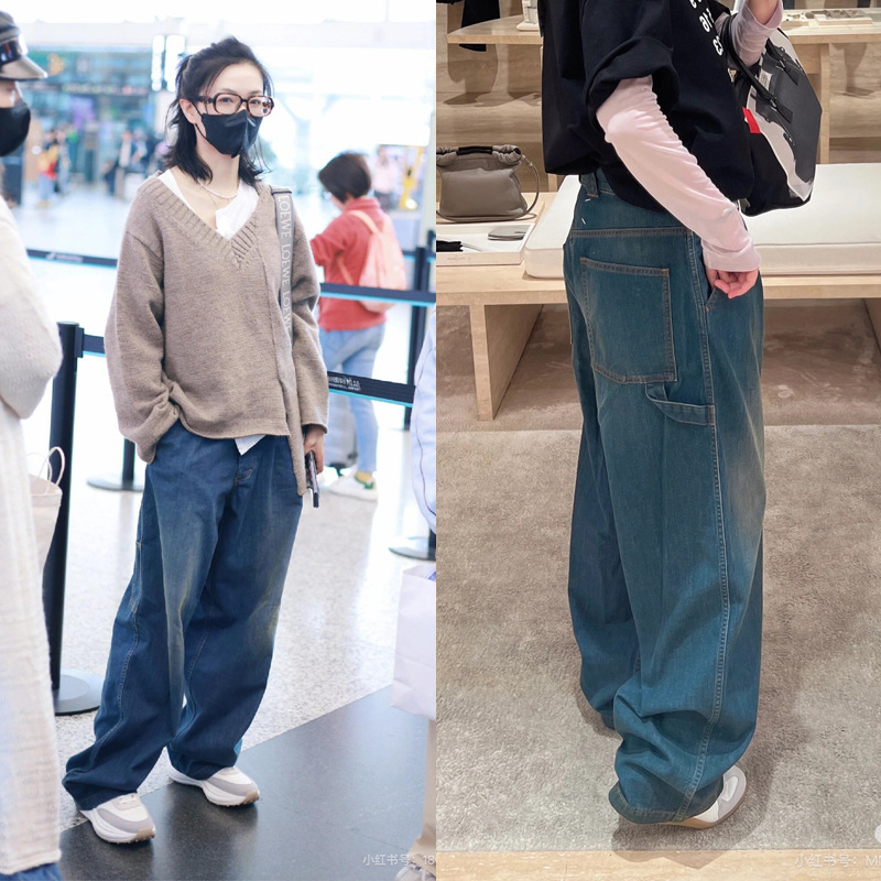 2025 Early Spring European and American M6 Style Dark Blue High-Waisted Wide-Leg Straight Boyfriend Workwear-Style Jeans for Women