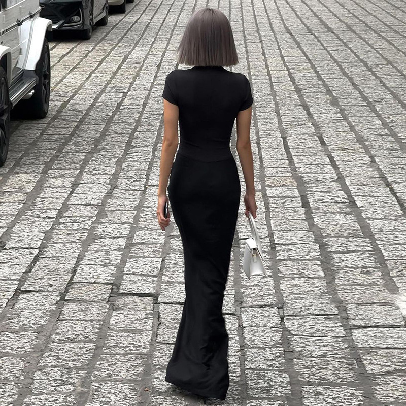 Frau Etuikleid Sexy V-Ausschnitt Falten Aushöhlen Kurzarm Einfarbig Maxi Langes Kleid Täglich display picture 5