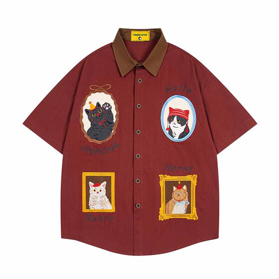 American Style Vintage vintage Fun Cat Embroidered Short Sleeve Shirt Men's and Women's Summer Loose Top Trendy