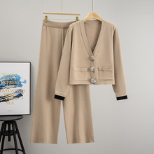 跨境水晶扣外贸慵懒风气质套装女2025秋冬新款针织外套长裤两件套