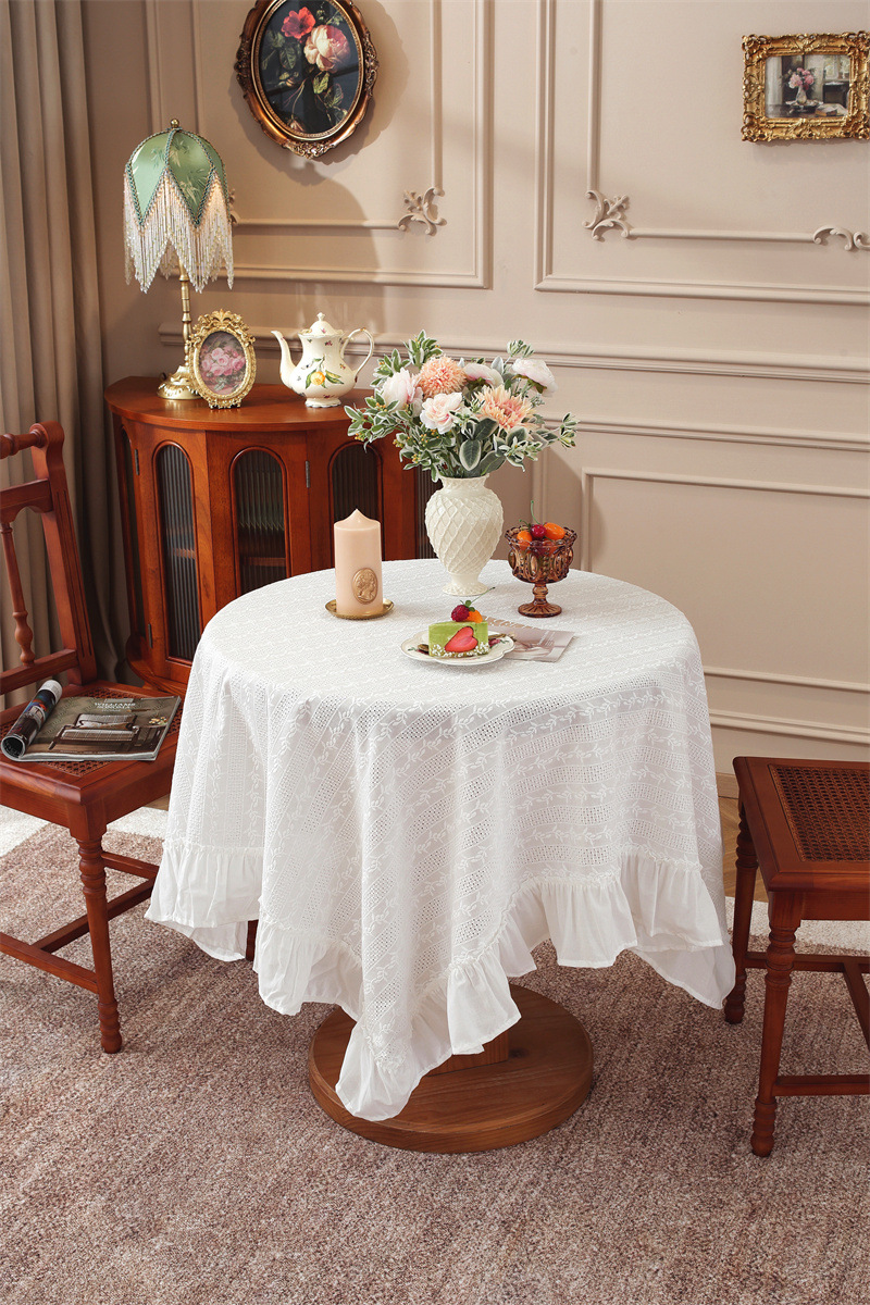 White Embroidered Floral Cotton Tea Tablecloth With Ruffle Hem_voghion.com