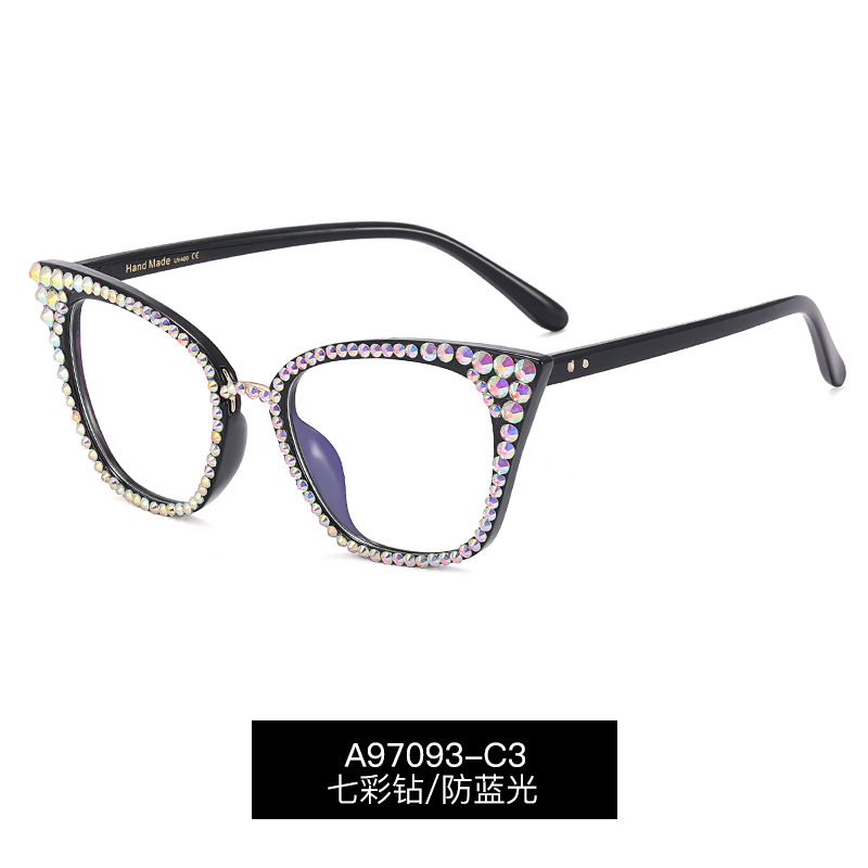 A97093 nueva moda ojo de gato anti-azul gafas de luz gafas ópticas de marco completo de moda punto diamante gafas lisas para mujeres