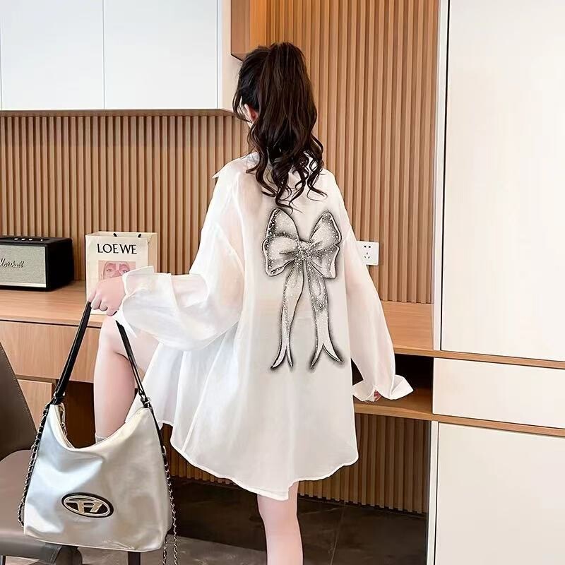 160 Official Picture (100 Polyester) Long-Sleeved Printed Bow Sun Protection Shirt Women's New Summer Loose Top 160 Official Picture (100 Polyester) Long-Sleeved Printed Bow Sun Protection Shirt Women's New Summer Loose Top
