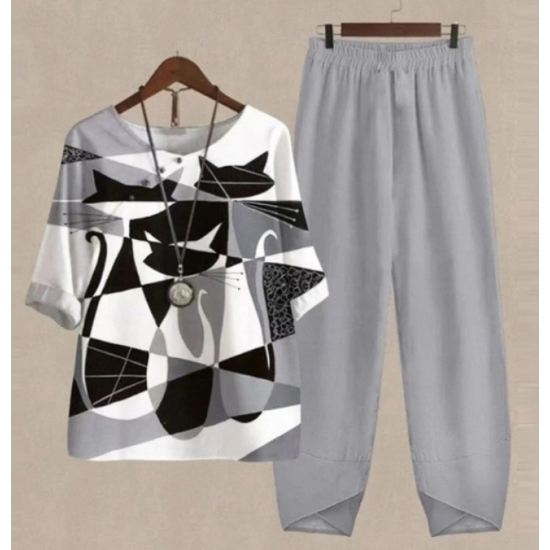 Europa y Estados Unidos trajes casuales de mujer transfronterizos de moda explosiva verano nuevo cinco mangas impresión chaqueta pantalones dos piezas