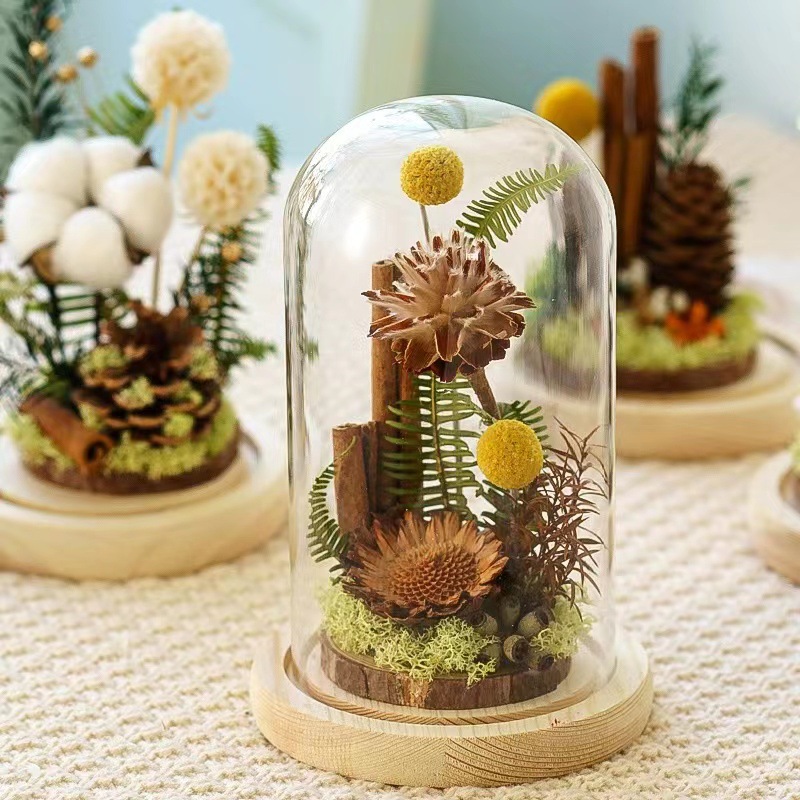Flor de madera imortales flores secas cubierta de vidrio espécimen de plantas decoración para el hogar regalos de madera para el día de la madre