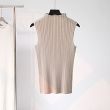 三宅专柜款百搭褶皱上衣女无袖夏季新款修身显瘦立领T恤背心外穿