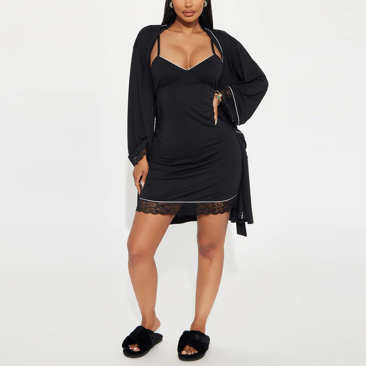 European and American Cross-Border Sexy Suspender Nightgown for Women, Summer Plus-Size Women's Loungewear, Lace-Up Robe and Nightdress Two-Piece Set