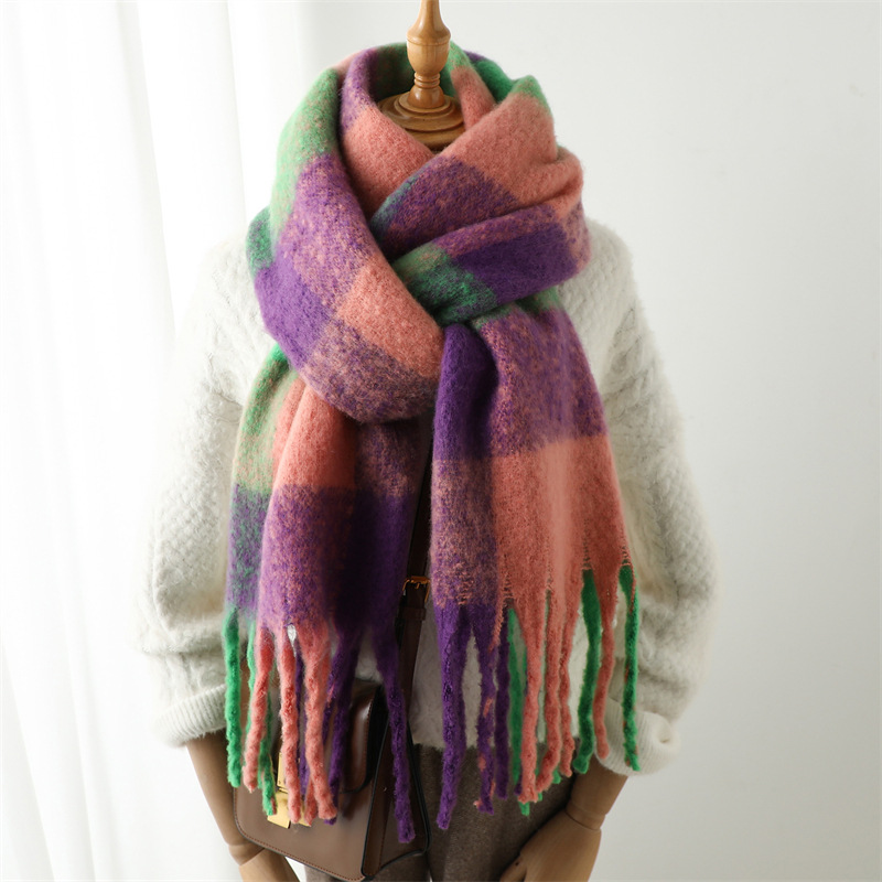 Sciarpa da donna alla moda invernale imitazione cashmere filato ad anello addensato calore scialle arcobaleno pannello scozzese nappe_voghion.com