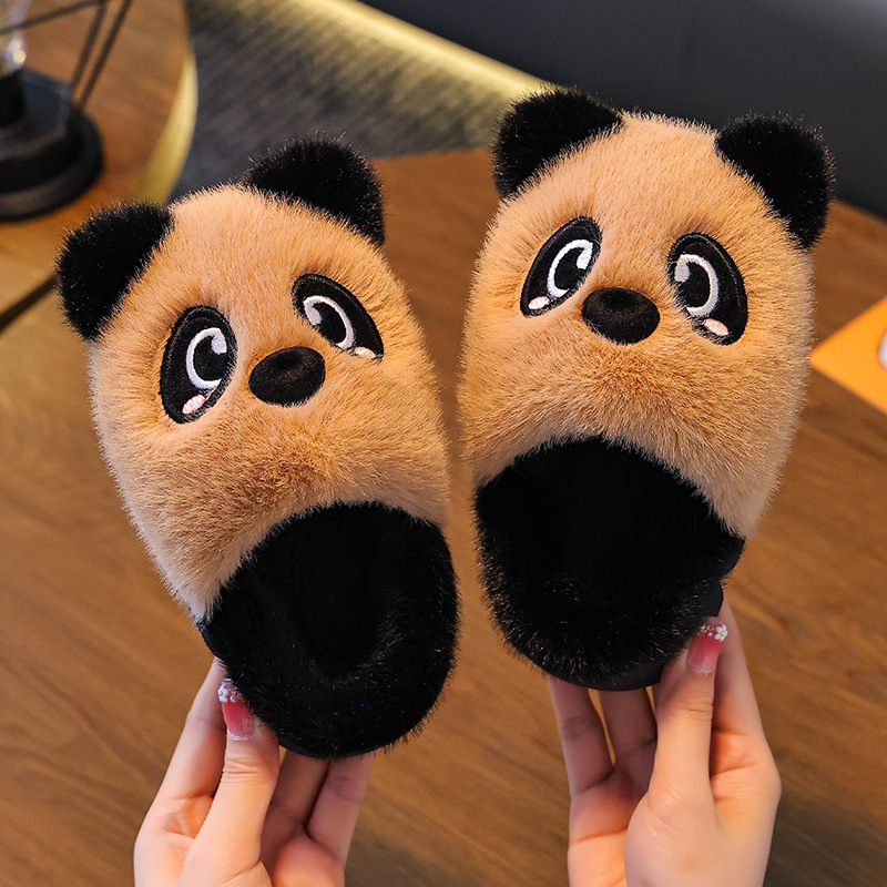 Otoño y invierno zapatillas de algodón para niños, niñas y niños, lindos pandas cálidos, peluche para niños, bolsas de peluche para bebés, zapatos de talón de algodón