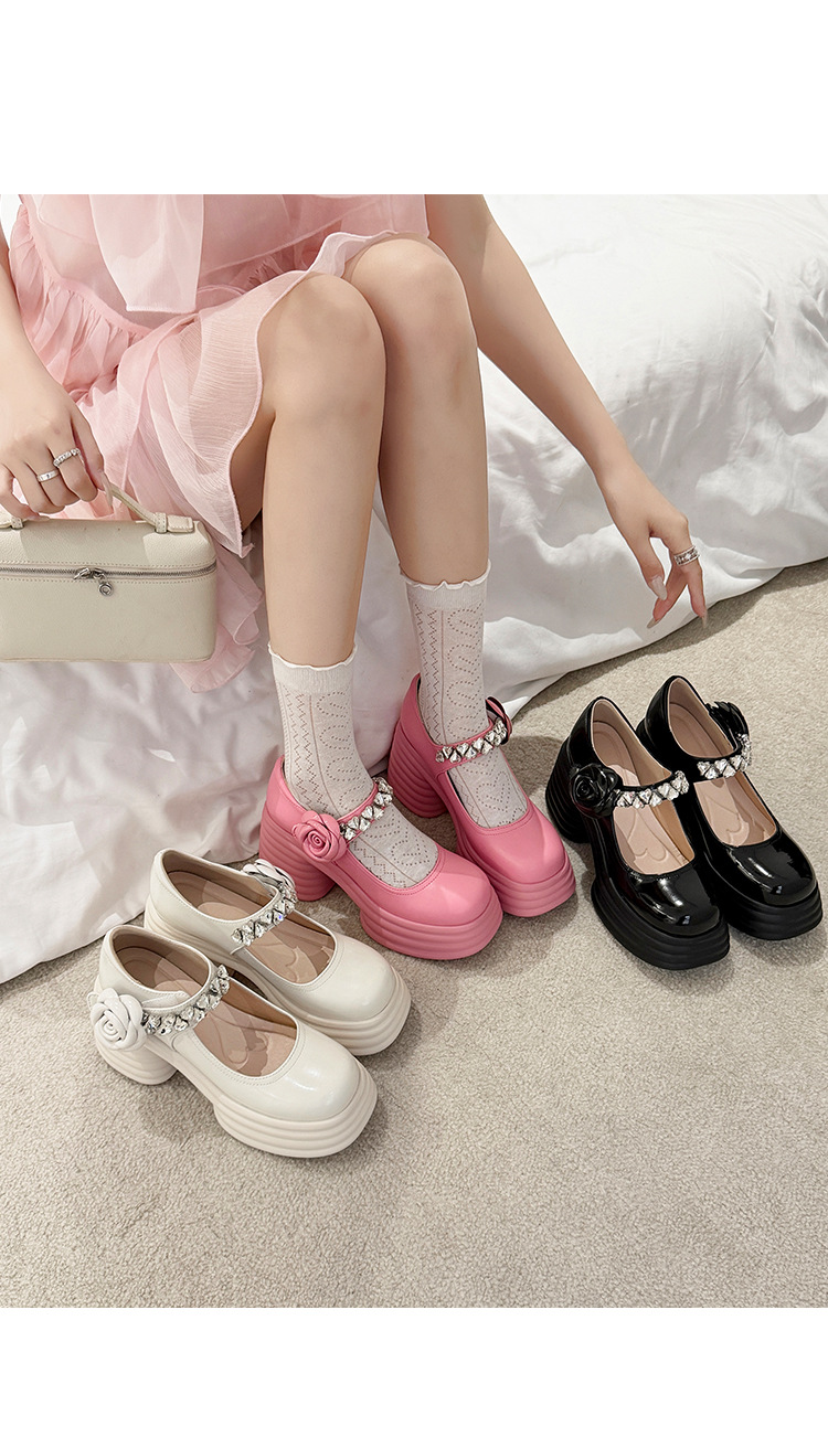 Giày sandal cao gót nữ quai ngang đế dày gót 9 cm đính hoa pha lê — màu đen, màu hồng, màu trắng ngà chi tiết 2