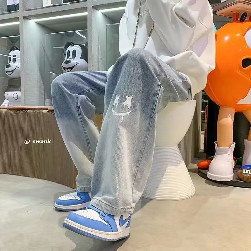 Men's American Style Spring and Autumn Denim Pants High Street Ins Fashion Brand Smiley Graffiti Retro Pants Loose Straight Wide Leg Pants