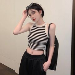 撞色拼接百搭圓領吊帶無袖背心T恤內搭辣妹夏季純欲短款打底上衣