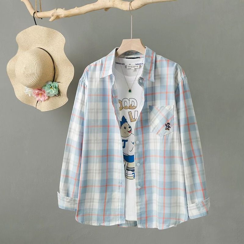 2024 Spring and Summer Thin Pure Cotton Plaid Shirt Women's Long-sleeved Loose Shirt Fresh Style All-match Sunscreen Jacket 2024 Spring and Summer Thin Pure Cotton Plaid Shirt Women's Long-sleeved Loose Shirt Fresh Style All-match Sunscreen Jacket